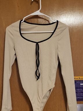 Beige Long-Sleeve Tie-Front Bodysuit - Women's Top